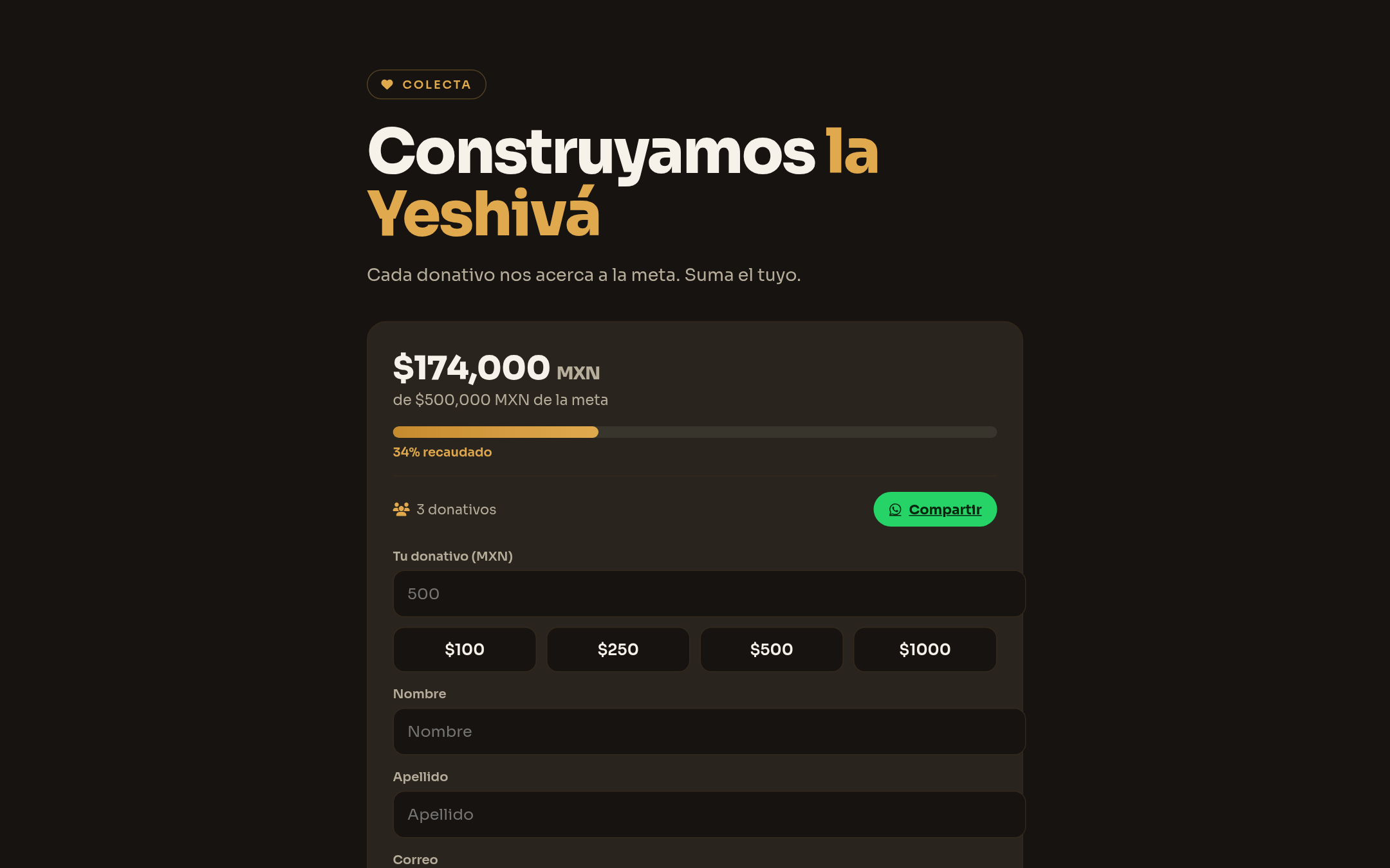 Página de colecta de donativos en Tzedaka